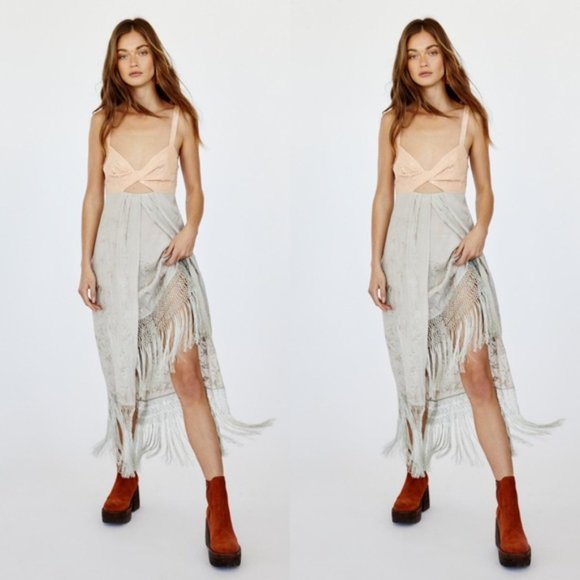 Free People Dresses & Skirts - Free People Dress Love Me Not Embroidered Fringe Cutout Midi Tan Gray Size 4